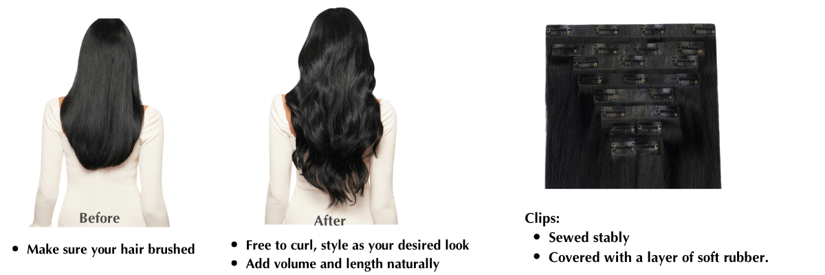 before after wearing clip-in hair extensions