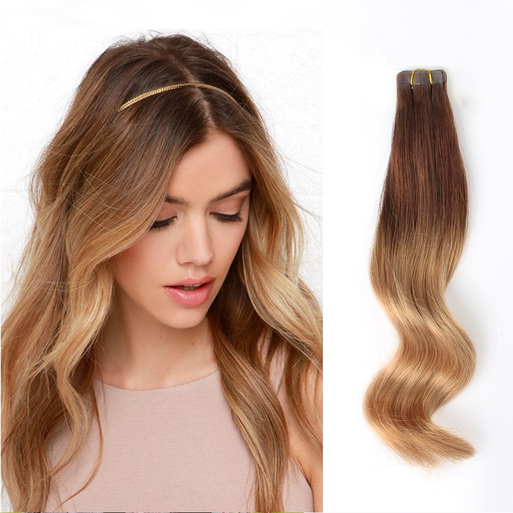 blonde-brown-straight-roots-wavy-ends-tape-in-hair
