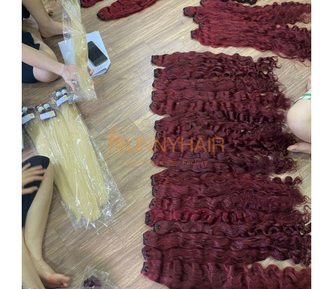 Hot Color Burgundy Wavy Texture Super Double Drawn Machine Weft Human Hair Extension | Vietnam Hair Factory