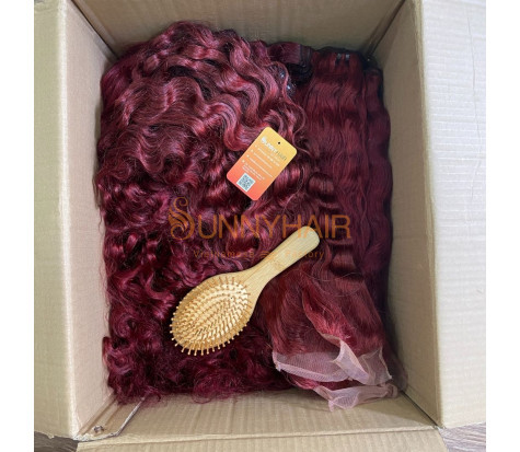 Hot Color Burgundy Wavy Texture Super Double Drawn Machine Weft Human Hair Extension | Vietnam Hair Factory
