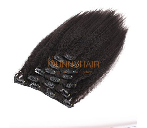 Kinky Straight Clip-in Laos Human Hair Extensions 100% Virgin Hair with Natural Black