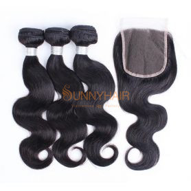 Combo 3 Bundles Burmese Virgin Hair Body Wave Double Weft Hair with Lace Closure Natural Black