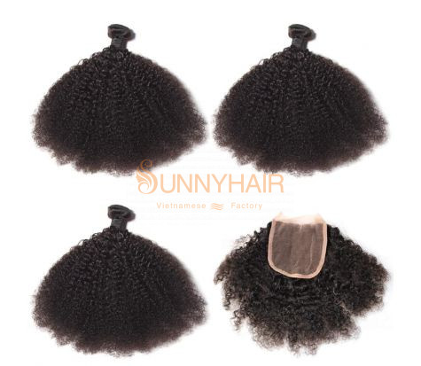 Kinky Curly Hair Bundles With Free Part Lace Closure 4x4 Human Virgin Hair Weave Natural Black Color