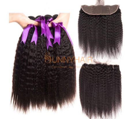 Kinky Straight Hair 3 Bundles With 13x4 LaceFrontal 10A Brazilian Virgin Human Hair Bundles