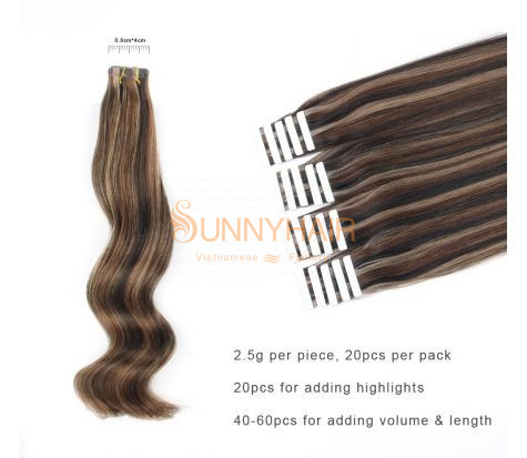 Pre-Taped Straight Roots Wavy Ends Balayage Tape in Remy Burmese Human Hair Skin Weft Two Toned Dark Brown Fading into Dark Dirty Blonde