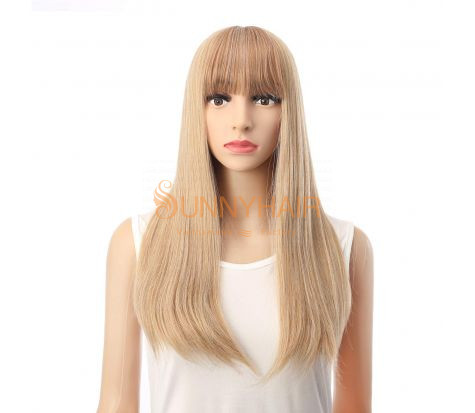 Top Sunny Hair Long Straight Wefted Cap Wig with Bangs 100% Remy Human Hair