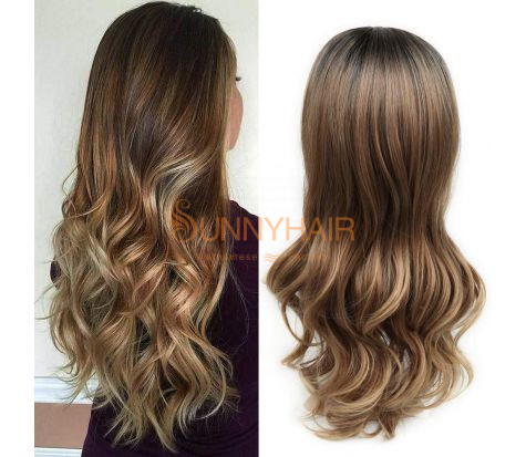 Top Hot Selling Ombre Color Long Wavy Human Hair Wigs for Women Full Cap Wigs