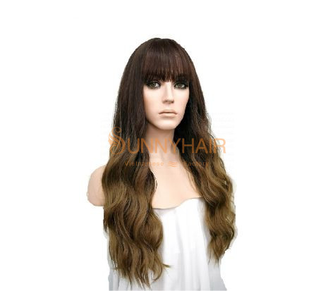 Ombre Long Body Wave Wigs With Full Bangs Remy Vietnamese Human Hair Wefted Cap Wigs