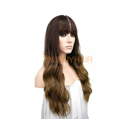 Ombre Long Body Wave Wigs With Full Bangs Remy Vietnamese Human Hair Wefted Cap Wigs