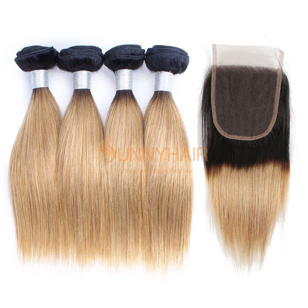 Hot Combo Ombre Color Human Hair Bundles Virgin Vietnamese Straight Hair Short Bob 50g/bundle 10 12 14 Inch 4 Double Weft Hair Bundles/set 1 Lace Closure