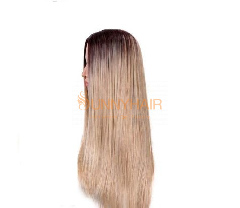 Fashion Ombre Blonde Wigs Dark Brown Root Mixed Burmese Human Long Straight Lace Front Wigs