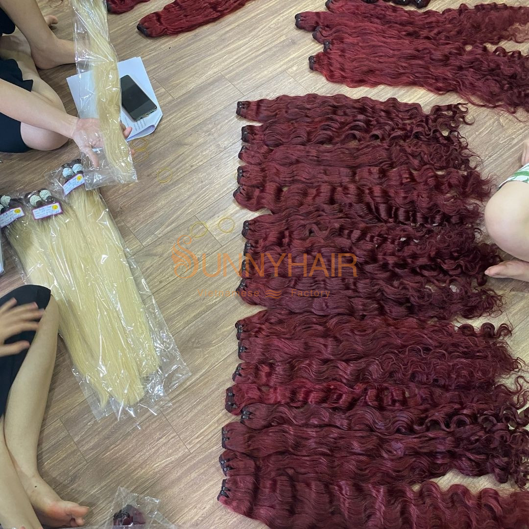 Hot Color Burgundy Wavy Texture Super Double Drawn Machine Weft Human Hair Extension | Vietnam Hair Factory