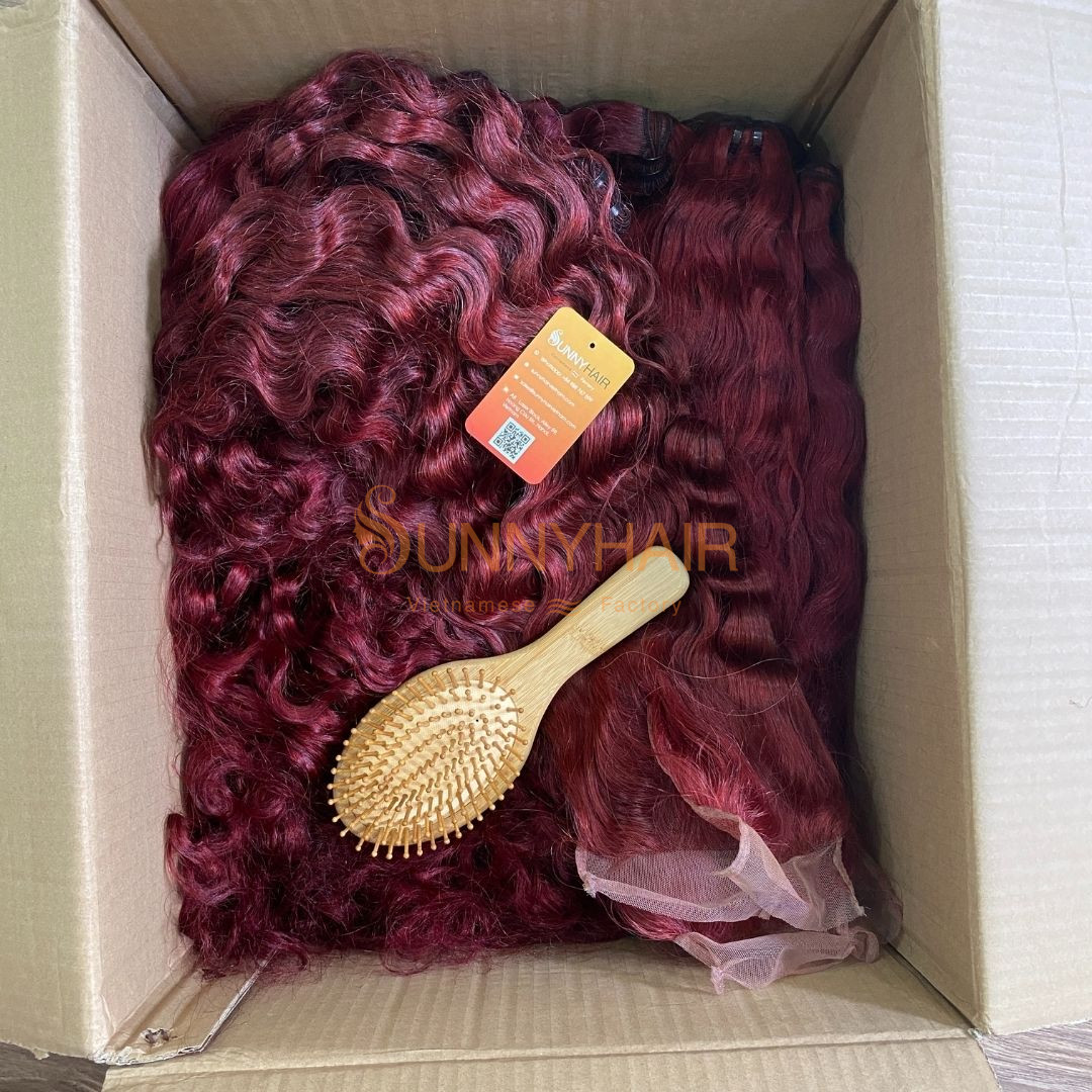 Hot Color Burgundy Wavy Texture Super Double Drawn Machine Weft Human Hair Extension | Vietnam Hair Factory